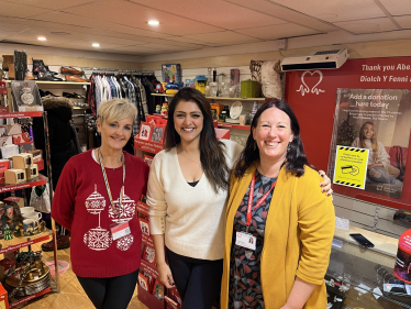 Natasha Asghar MS at the BHF charity shop in Abergavenny.